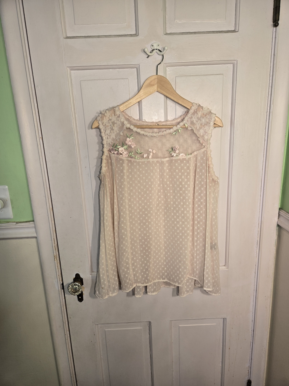 POL Blush Polka Dot Chiffon Tank with Floral Lace Yoke